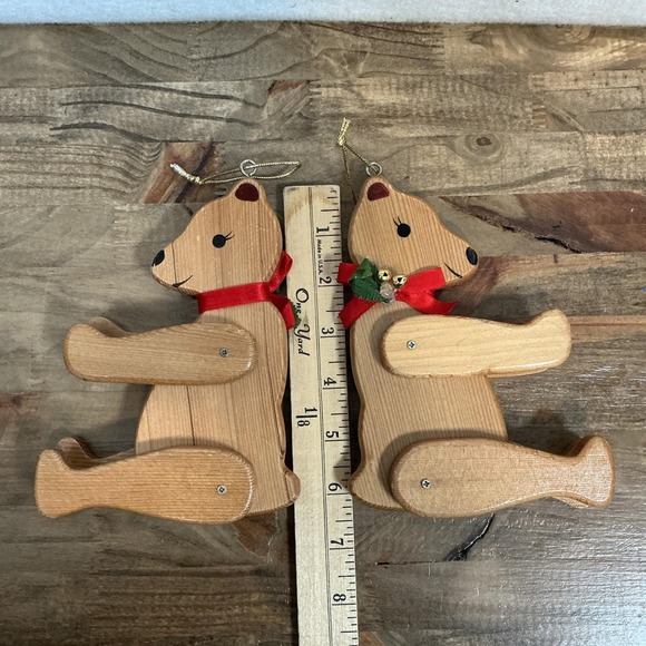 Vintage 2 Teddy Bear Wood Christmas Ornament Moving Arms Legs - Picture 9 of 9
